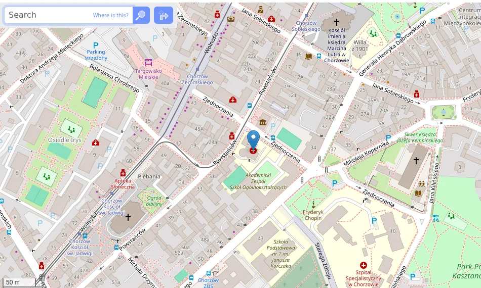 Mapa dojazdu: ulica Powstańców 27 w Chorzowie